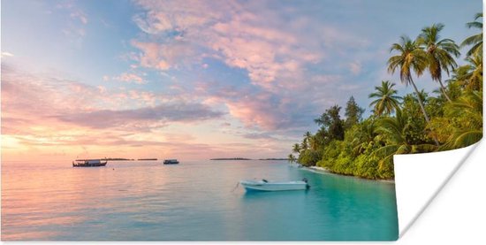 Panoramische foto van de Maldiven Poster 90x60 cm - Foto print op Poster (wanddecoratie woonkamer / slaapkamer) / Zee en Strand
