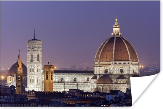 De Dom van Florence met paarse lucht op de achtergrond in Italië Poster 30x20 cm - klein - Foto print op Poster (wanddecoratie woonkamer / slaapkamer) / Europese steden Poster