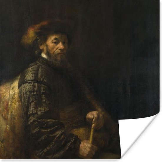 Poster Zittende man met een stok - Schilderij van Rembrandt van Rijn - 75x75 cm