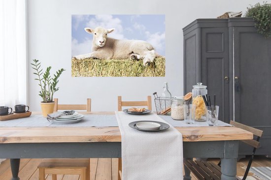 Poster Agneau couché sur la paille 120x80 cm - Tirage photo sur Poster (décoration murale salon / chambre) / Poster Animaux de la ferme