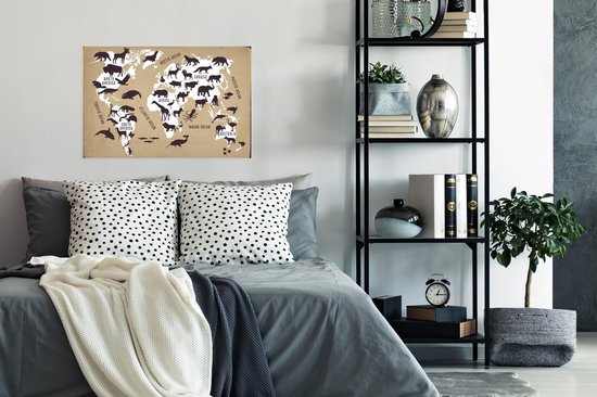 Carte du monde Witte avec fond marron et illustrations de silhouettes d'animaux 60x40 cm