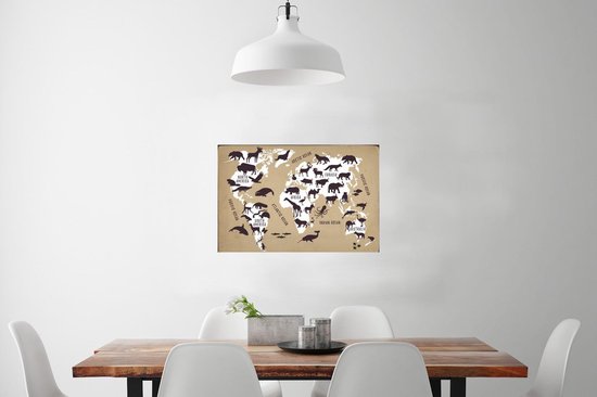 Carte du monde Witte avec fond marron et illustrations de silhouettes d'animaux 60x40 cm