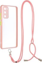 Voor Samsung Galaxy S20 FE / S20 Lite Transparante pc + TPU-telefoonhoes met knop in contrastkleur en nekkoord (roze)