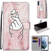 Voor Samsung Galaxy S21 FE Gekleurde Tekening Cross Textuur Horizontale Flip PU Lederen Case met Houder & Kaartsleuven & Portemonnee & Lanyard (Roze Handen Hart)