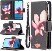 Voor Xiaomi Redmi Note 10 4G Gekleurde Tekening Patroon Rits Horizontale Flip Lederen Case met Houder & Kaartsleuven & Portemonnee (Lotus)