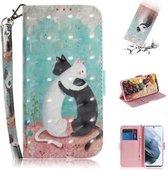 Voor Samsung Galaxy S21 FE 3D Gekleurde Tekening Horizontale Flip Leren Case met Houder & Kaartsleuven & Portemonnee & Lanyard (Zwart Wit Kat)