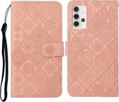 Voor Samsung Galaxy A32 5G Etnische Stijl Reliëf Patroon Horizontale Flip Leren Case met Houder & Kaartsleuven & Portemonnee & Lanyard (Roze)