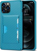 Koolstofvezelpantser Schokbestendig TPU + pc-hardcase met kaartsleufhouder Funtion voor iPhone 12/12 Pro (blauw)