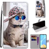 Voor OPPO A15 / A15s Gekleurde Tekening Cross Textuur Horizontale Flip PU Lederen Case met Houder & Kaartsleuven & Portemonnee & Lanyard (Slant Hat Blue Mirror Cat)