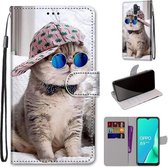 Voor OPPO A9 (2020) / A5 (2020) / A11X / A11 Gekleurde tekening Cross Texture Horizontale flip PU lederen tas met houder & kaartsleuven & portemonnee & lanyard (Slant Hat Blue Mirror Cat)