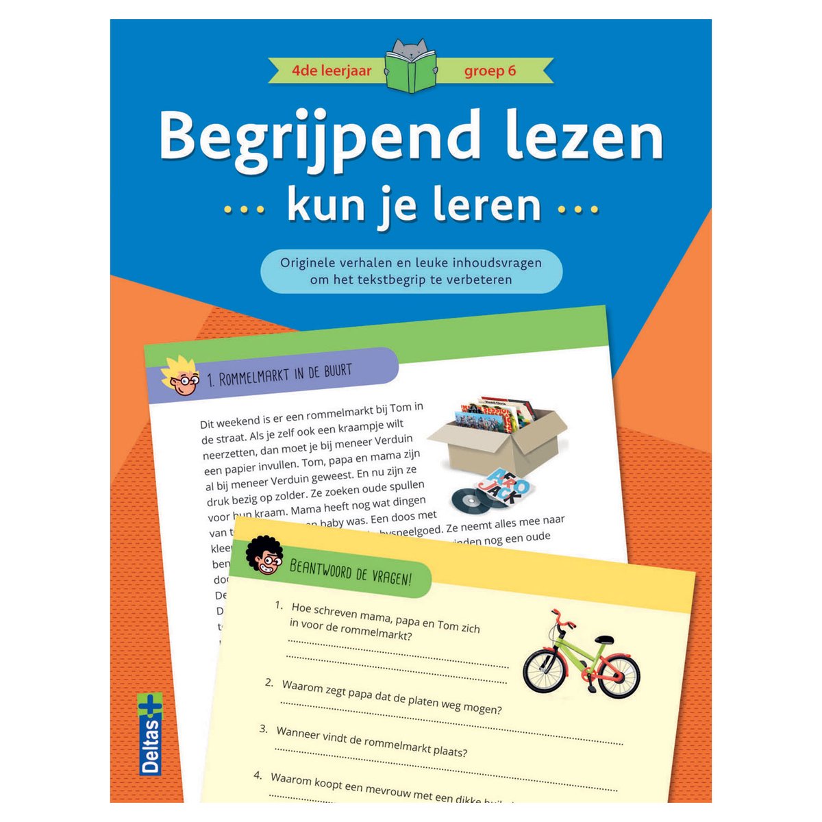 Couverture de livre avec le titre 'Begrijpend lezen kun je leren'. Comprend une illustration d'une rue avec un stand et un enfant.