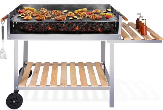 BBQ Collection Houtskool Barbecue – Trolley met Zijtafel – Grill op Wielen – RVS – 2 Roosters – 98 x 56 x 85 CM