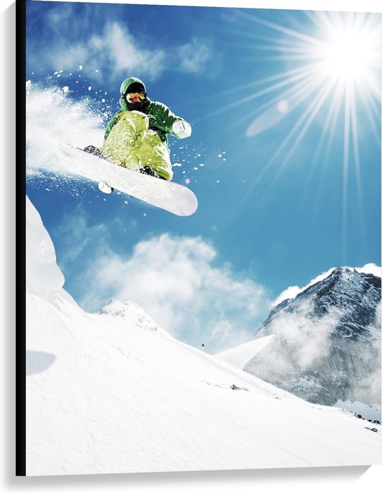 Canvas  - Snowboarder vliegend over Witte Berg - 75x100cm Foto op Canvas Schilderij (Wanddecoratie op Canvas)