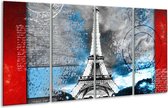 GroepArt - Glasschilderij - Parijs, Eiffeltoren - Grijs, Blauw, Zwart - 160x80cm 4Luik - Foto Op Glas - Geen Acrylglas Schilderij - 6000+ Glasschilderijen Collectie - Wanddecoratie