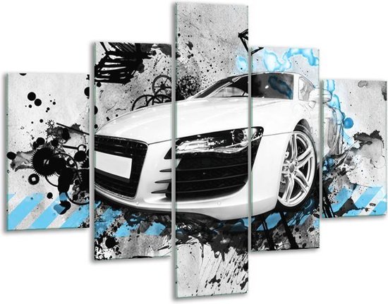 Glasschilderij -  Auto, Audi - Wit, Blauw, Zwart - 100x70cm 5Luik - Geen Acrylglas Schilderij - GroepArt 6000+ Glasschilderijen Collectie - Wanddecoratie- Foto Op Glas