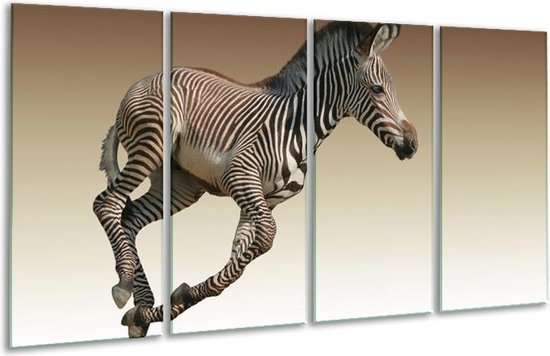 GroepArt - Glasschilderij - Zebra - Zwart, Wit, Bruin - 160x80cm 4Luik - Foto Op Glas - Geen Acrylglas Schilderij - 6000+ Glasschilderijen Collectie - Wanddecoratie
