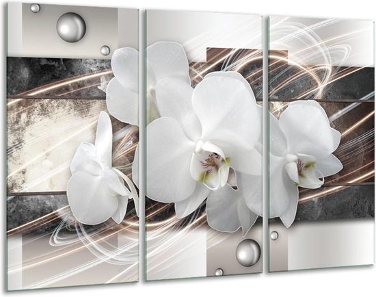 GroepArt - Schilderij -  Orchidee, Bloemen - Grijs, Wit - 120x80cm 3Luik - 6000+ Schilderijen 0p Canvas Art Collectie
