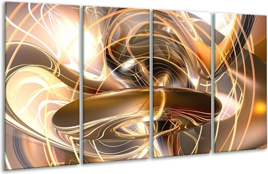 GroepArt - Glasschilderij - Abstract - Goud, Wit, Bruin - 160x80cm 4Luik - Foto Op Glas - Geen Acrylglas Schilderij - 6000+ Glasschilderijen Collectie - Wanddecoratie
