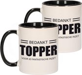 3x stuks cadeau mok / beker zwart bedankt topper voor je fantastische inzet - bedankt/afscheid/pensioen