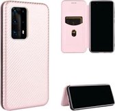 Voor Huawei P40 Pro + Carbon Fiber Texture Magnetische Horizontale Flip TPU + PC + PU Leather Case met Card Slot (Pink)