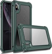 Voor iPhone XS Max Transparante koolstofvezeltextuur Robuust Full Body TPU + PC Krasbestendig schokbestendig hoesje (legergroen)