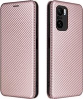 Voor Geschikt voor Xiaomi Redmi K40 / K40 Pro Koolstofvezel Textuur Magnetische Horizontale Flip TPU + PC + PU lederen tas met kaartsleuf (roze)