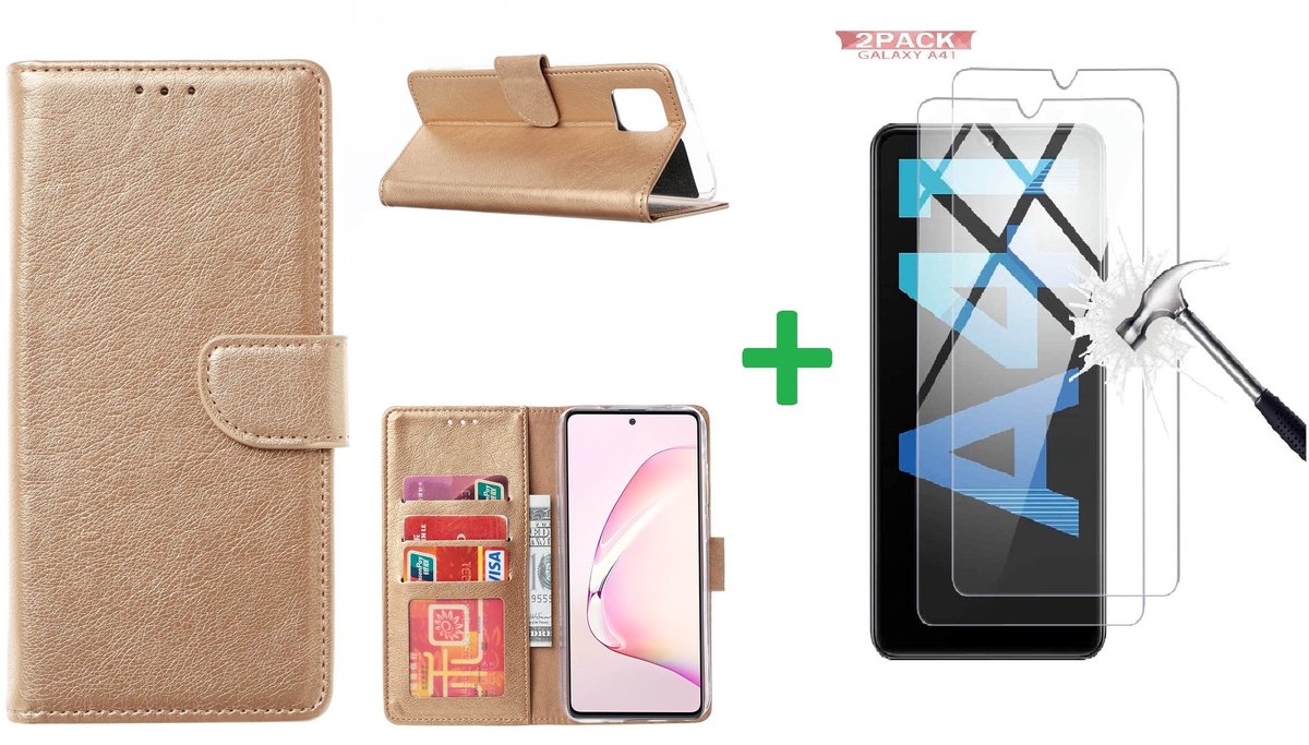 Hoesje Geschikt Voor Samsung Galaxy A41 Boek hoesje + 2X Screenprotector Goud