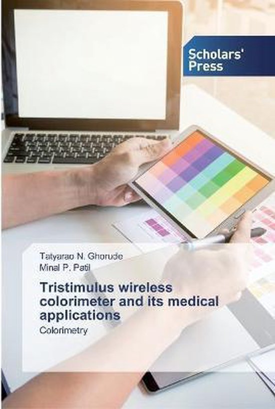 Couverture de livre avec le titre "Tristimulus wireless colorimeter and its medical applications" en français. Un ordinateur portable et une tablette avec palette de couleurs visibles.