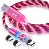 TOPK AM22 3-in-1 USB naar 8-pins + micro-USB + USB-C / Type-C 540 graden buigbare streamerbal magnetische datakabel, kabellengte: 1 m (rood)