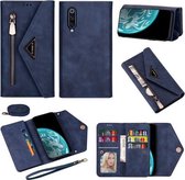 Voor Xiaomi Mi 9 Skin Feel Rits Horizontale Flip Leren Case met Houder & Kaartsleuven & Fotolijst & Lanyard & Lang Touw (Blauw)