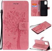 Voor LG K52 Boom & Kat Patroon Geperst Afdrukken Horizontale Flip PU Lederen Case met Houder & Kaartsleuven & Portemonnee & Lanyard (Roze)