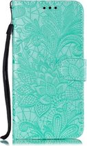Kanten Bloem Embossing Patroon Horizontale Flip Leren Case voor Moto P40 Power, met Houder & Kaartsleuven & Portemonnee & Fotolijst & Lanyard (Groen)