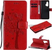 Voor Motorola Edge + Tree & Cat Pattern Pressed Printing Horizontale Flip PU lederen tas met houder & kaartsleuven & portemonnee & lanyard (rood)