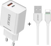 ENKAY Hat-Prince T030 18 W 3A PD + QC3.0 Dual USB Snel opladen Power Adapter EU Plug Draagbare reislader Met 1 m 3A 8 Pin Kabel