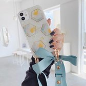 Voor iPhone 11 Pro Max Ribbon Bow Geometrisch patroon Glitter TPU schokbestendig hoesje met nekriem (zeshoek)