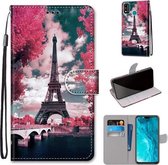 Voor Huawei Honor 9X Lite Gekleurde Tekening Cross Textuur Horizontale Flip PU Lederen Case met Houder & Kaartsleuven & Portemonnee & Lanyard (Pink Flower Tower Bridge)