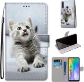 Voor Huawei Y6p Gekleurde Tekening Cross Textuur Horizontale Flip PU Lederen Case met Houder & Kaartsleuven & Portemonnee & Lanyard (Kleine Grijze Kat)