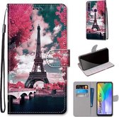 Voor Huawei Y6p Gekleurde Tekening Cross Textuur Horizontale Flip PU Lederen Case met Houder & Kaartsleuven & Portemonnee & Lanyard (Roze Bloem Tower Bridge)