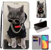 Voor Alcatel 1S (2021) Gekleurde tekening Cross Texture Horizontale Flip PU lederen tas met houder & kaartsleuven & portemonnee & lanyard (Golden Chain Grey Cat)