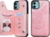 Voor iPhone 11 Pro Butterfly Embossing Pattern Schokbestendige beschermhoes met houder & kaartsleuven en fotolijst (roségoud)