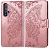 Vlinder Liefde Bloemen Embossing Horizontale Flip Leren Case Voor Huawei Honor 20 met Houder & Kaartsleuven & Portemonnee & Lanyard (Rose goud)