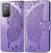Voor Huawei Honor X10 Butterfly Love Flower Reliëf Horizontale Flip Leren Case met Beugel / Kaartsleuf / Portemonnee / Lanyard (Lichtpaars)