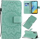 Voor Huawei Enjoy 10e Geperst Afdrukken Zonnebloempatroon Horizontale Flip PU-lederen Case met Houder & Kaartsleuven & Portemonnee & Lanyard (Groen)