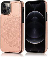 Mandala-patroon met dubbele gesp PU + TPU-beschermhoes met kaartsleuven & houder & fotolijst voor iPhone 12/12 Pro (roségoud)