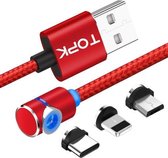 TOPK 2m 2.4A Max USB naar 8-pins + USB-C / Type-C + Micro USB 90 graden elleboog magnetische oplaadkabel met LED-indicator (rood)