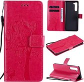 Voor Motorola Edge Tree & Cat Pattern Pressed Printing Horizontale Flip PU lederen tas met houder & kaartsleuven & portemonnee & lanyard (Rose Red)