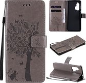 Voor Motorola Edge + Tree & Cat Pattern Pressed Printing Horizontale Flip PU lederen tas met houder & kaartsleuven & portemonnee & lanyard (grijs)