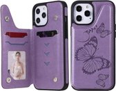 Vlinder reliëfpatroon schokbestendig beschermhoesje met houder & kaartsleuven & fotolijst voor iPhone 12 Pro Max (paars)
