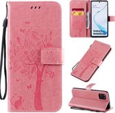 Voor Galaxy A81 / M60S Tree & Cat Pattern Pressed Printing Horizontale Flip PU lederen tas met houder & kaartsleuven & portemonnee & lanyard (roze)
