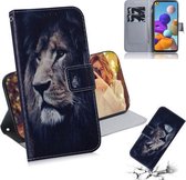 Voor Samsung Galaxy A21s Gekleurde Tekening Horizontale Flip Leren Case met Houder & Kaartsleuf & Portemonnee (Leeuw)